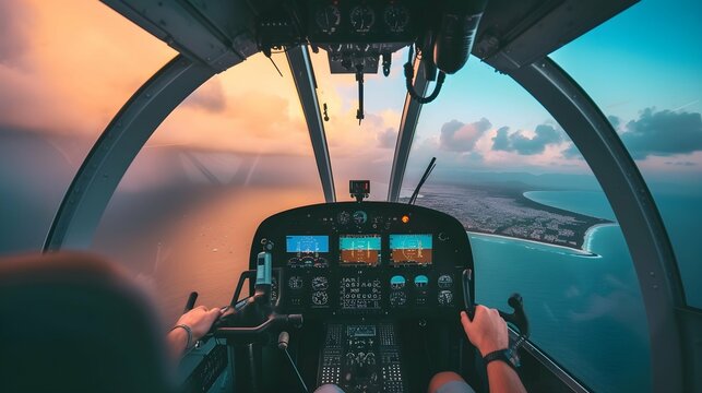Helicopter cockpit flying on sea view landscape and cloudy sky, with pilot arm driving in cabin. - Powered by Adobe