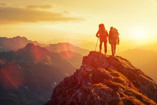 Hikers celebrate their triumph atop a mountain peak, basking in the glow of the sunset, feeling the rush of adventure and the joy of freedom as they gaze into the distance.