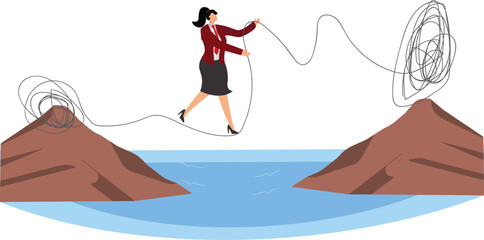 Businesswoman walking on a messily tangled tight rope and unraveling it