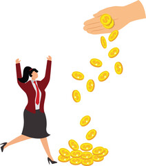 Big hand giving dollar currency money to entice businesswoman