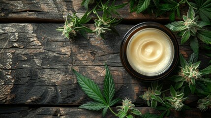 CBD cream offers natural relief for sore muscles, displayed alongside healing hemp leaves and potent cannabis buds on a charming wooden table.