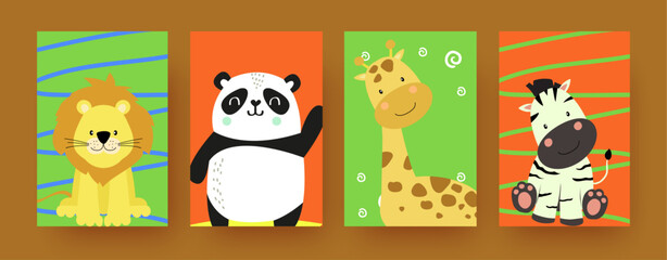 Obraz na płótnie Canvas Set of contemporary art posters with cute animals. Bundle of creative hand-painted illustrations for wall decoration and postcards. Forest Animals Vector Art Bundle for Children's Room Wall Decor