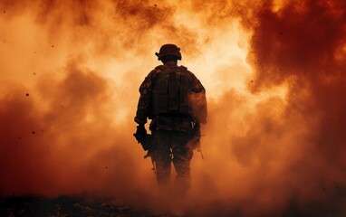 Man, soldier and smoke in war with back, silhouette and dust in overlay for mockup. Person, marine or veteran in battle for freedom, courage and honor for country for freedom, defense or conflict