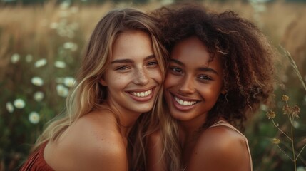 Fototapeta premium Lesbian couple embracing tenderly in the great outdoors, a beautiful display of love between two women.