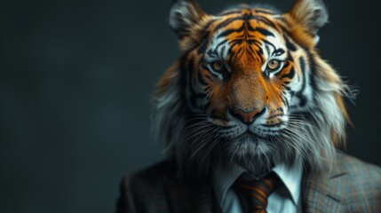 The dapper tiger, with his tailored suit and sleek tie, exuded confidence and style as he struck a pose, blending the fierce feline with suave human charisma. - obrazy, fototapety, plakaty