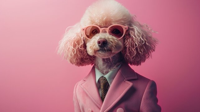 Chic pink poodle struts in dapper suit and shades, exuding confidence with every step.