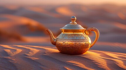 A glimmering teapot, shimmering under the hot sun, waits to quench the thirst of weary travelers in the vast desert expanse. - obrazy, fototapety, plakaty