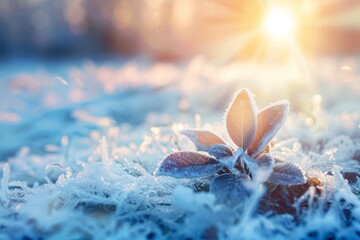 Frost-kissed flora glistens in the winter sun, providing a picturesque scene for festive greetings. - obrazy, fototapety, plakaty