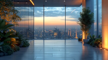 view from top of a building, blank center space with large clear glass window, bokeh golden hour...