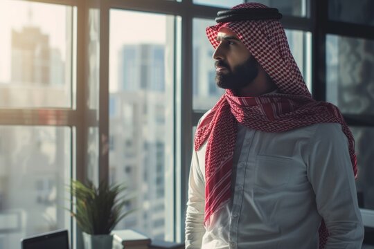 Saudi businessman in red shemagh admires city view from his sleek office.
