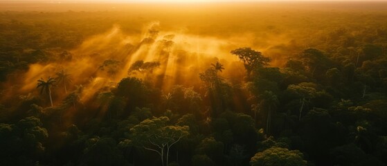 top view of a green misty forest at golden hour sunset