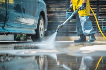 Professional pressure washing service deep cleans driveways with high-powered equipment.