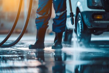 Professional pressure washing service deep cleans driveways with high-powered equipment.