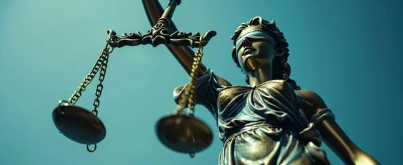 Fotobehang Symbol of Fairness and Justice: Close-Up of Lady Justice Statue with Scales and Sword Against Blue Background Embodying Legal Principles © Andrei
