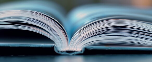 Close-up View of an Open Book with Pages Spread on a Blue Background Highlighting the Concept of Education, Knowledge, and Literary Exploration