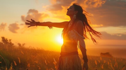 Shamanic woman lost in bliss, experiencing transcendence in the wild at dawn, profound joy, sacred euphoria, spiritual enlightenment, liberation sensation.