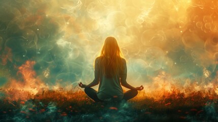 Obraz premium Woman experiences blissful serenity through yoga, achieving spiritual enlightenment and inner peace in lotus pose.