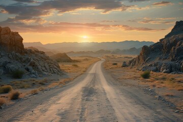 Fototapeta na wymiar The open road beckons, promising adventure and escape as the sun rises over the barren desert landscape.