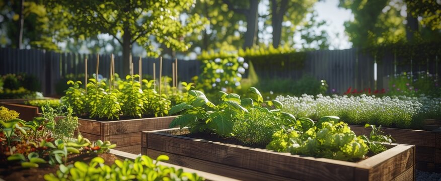 Serenity in Backyard Gardening: Lush Greenery and Herbs Flourishing in Wooden Raised Garden Beds under Sunlight