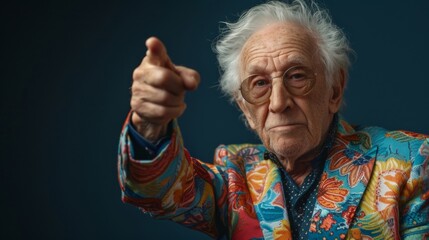 A stylish senior in a vibrant suit gestures to the side, symbolizing the colorful and active twilight years of life.
