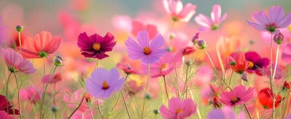 Vibrant Field of Colorful Cosmos Flowers Bathed in the Warm Light of a Serene Sunset - A Perfect Scene for Tranquil and Aesthetic Backgrounds
