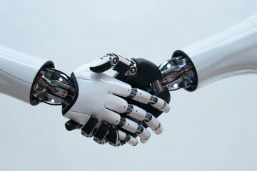 Robot and human seal their partnership with a firm handshake.