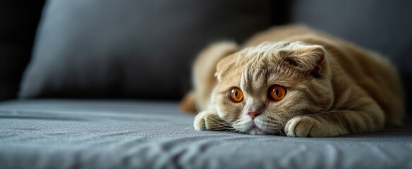 Adorable Scottish Fold Cat with Amber Eyes Lounging on a Grey Sofa, Exhibiting Curiosity and Relaxation in a Cozy Home Environment