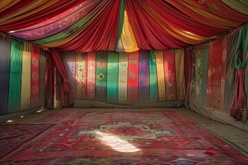 Amidst the cozy cushions and richly woven carpets, the aroma of spiced tea fills the air of the Bedouin tent...New sentence: Underneath the warm glow of lantern light.