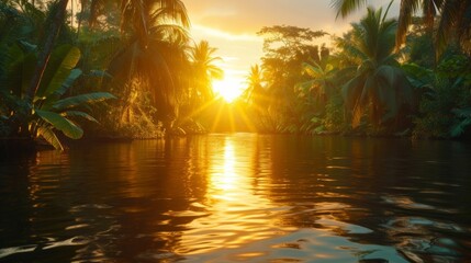 Sunrise casts a golden glow over the Amazon river as it winds through the lush jungle foliage.