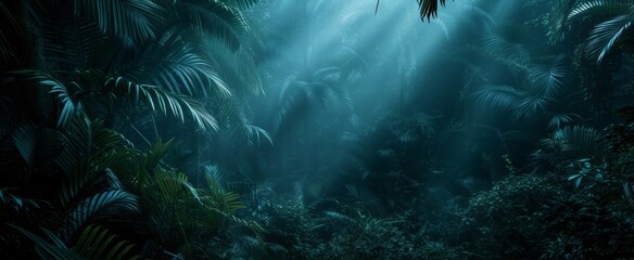 Mystical Enchantment in the Depths of a Lush Tropical Rainforest during Twilight, Revealing Nature's Serene Beauty