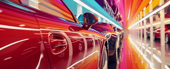 Luxurious Red Sports Car Shining Under Vibrant Neon Lights in Modern Showroom - A Blend of Elegance and Futuristic Automotive Design Aesthetics