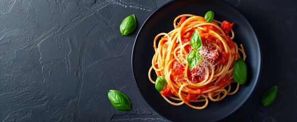 Delicious Italian Spaghetti with Tomato Sauce and Fresh Basil Leaves Served in a Stylish Black Plate on a Dark Slate Background - Perfect for Menu and Culinary Websites