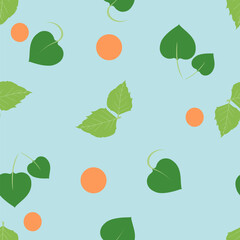 Green Leaf Seamless Pattern Decorative Background. Leaf With Orange Graphic Vector Illustration