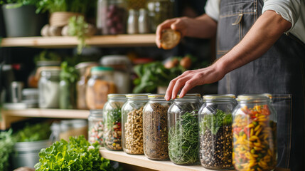 Person organizing and putting away bulk food items in large glass jars inside a small retail shop. - obrazy, fototapety, plakaty
