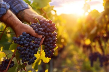 Male farmer carefully selects ripe grapes during harvest season. - obrazy, fototapety, plakaty