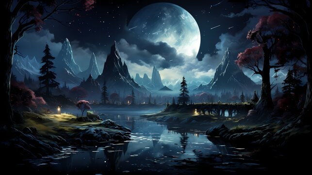 A secluded obsidian black lake surrounded by ancient trees, with the night sky painted in hues of indigo and silver