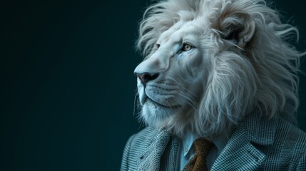 Obraz premium The dapper white lion poses confidently in his sharp suit and stylish tie, exuding an air of sophistication that is truly cat-like.