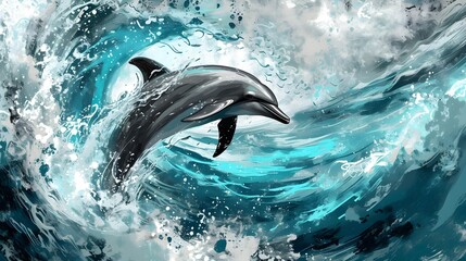 dolphin jumping out of the water. Illustration of sealife. 