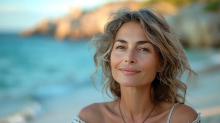 Happy older lady soaking up the sun and embracing life by the ocean.