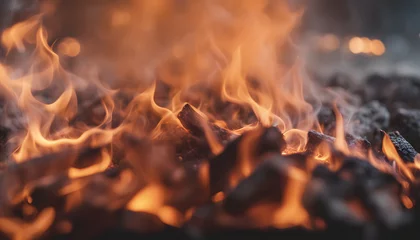 Photo sur Aluminium Texture du bois de chauffage Landscape Glowing Embers Photography fireplace fiery panorama backdrop beautiful close up