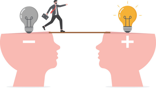 business man across between head negative to head positive thinking concept


