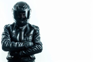 A biker shows off his sleek black helmet against a crisp white backdrop.