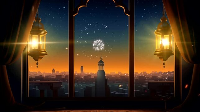 Fireworks on city sky viewing from windows with lanterns. Seamless looping time-lapse 4k video animation background