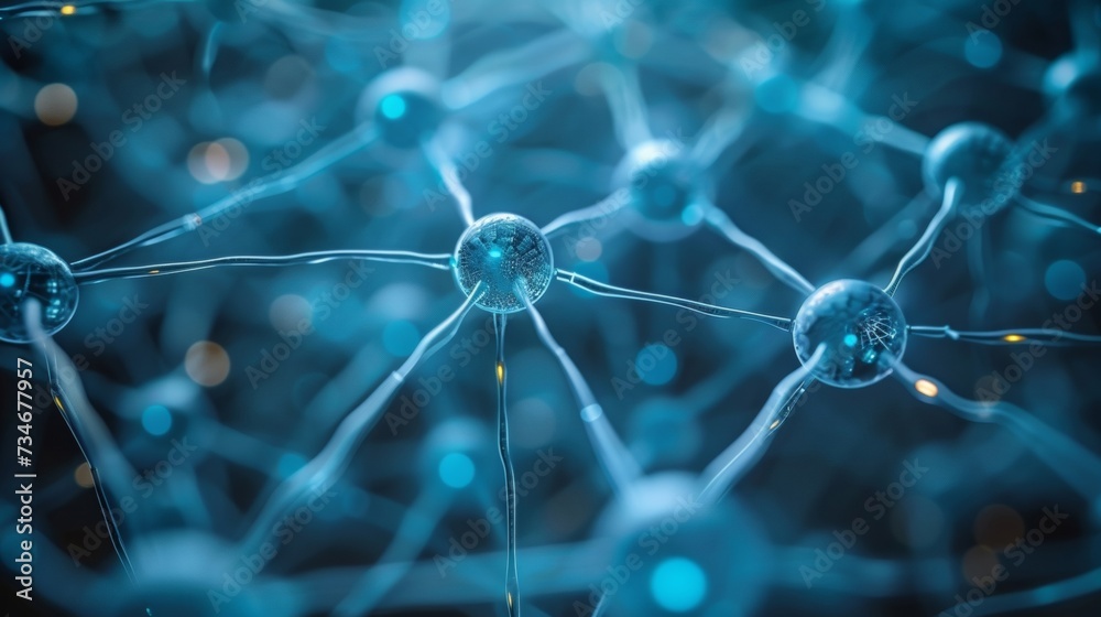 Poster digital tech backdrop featuring a matrix of interconnected nodes and dynamic data links, resembling 