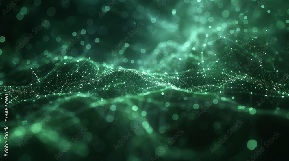 Poster digital tech backdrop featuring a matrix of interconnected nodes and dynamic data links, resembling 