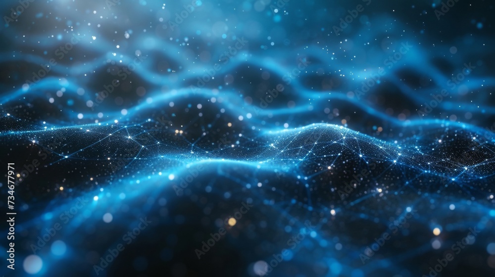 Poster digital tech backdrop featuring a matrix of interconnected nodes and dynamic data links, resembling 