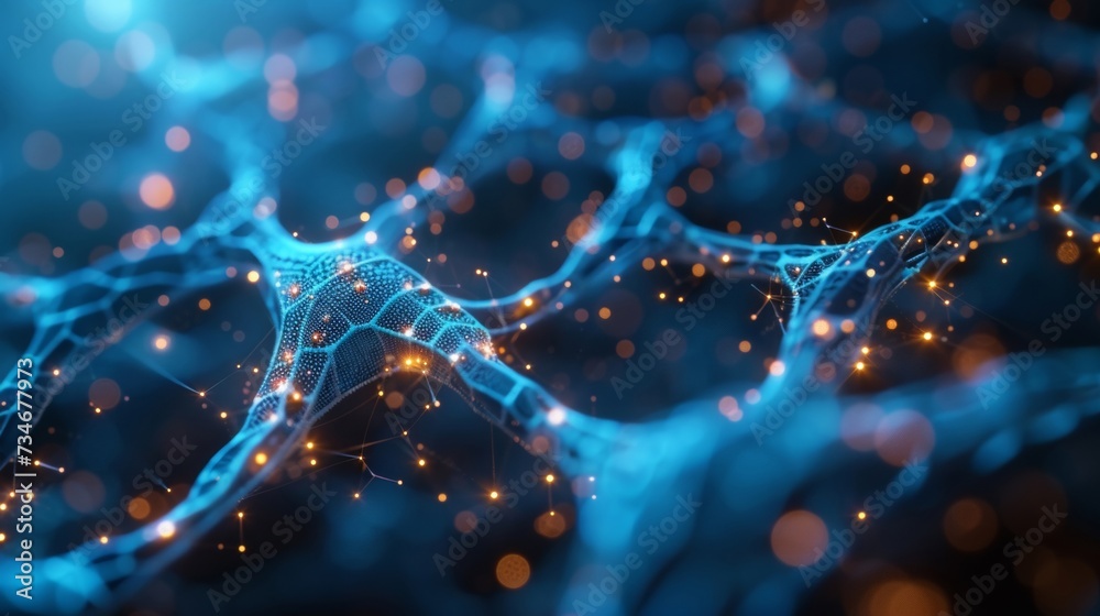 Poster blue tech backdrop with a digital grid and linked particles depicting a global data network and arti