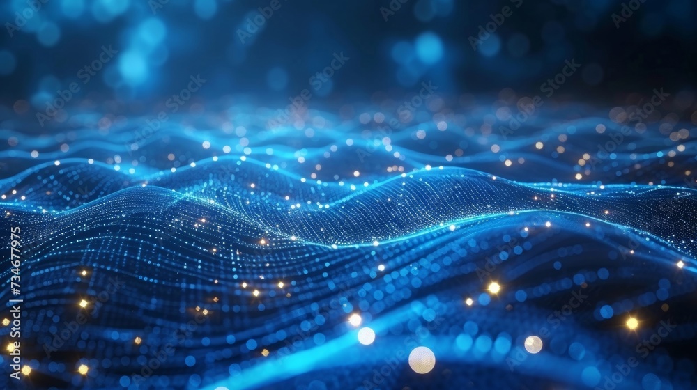 Poster blue tech backdrop with a digital grid and linked particles depicting a global data network and arti