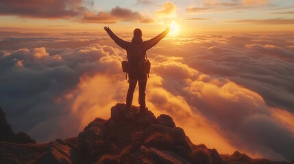 A climber celebrates atop a peak, arms outstretched, basking in the glory of achievement and the beauty of a cloud-covered horizon at dawn or dusk.