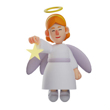  3D illustration. 3D Cartoon Angel has white wings. the star in the hand falls. with a pretty smile. 3D Cartoon Character